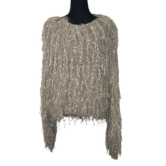 Davi & Dani Sequin Fringe Sweater DWT20435 Small Beige Taupe Textured Boho Glam - Picture 2 of 11